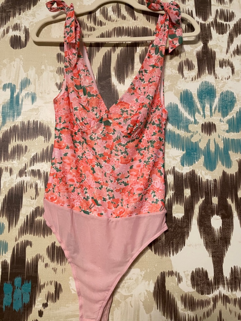 Lulu's Pink Floral Tie-Shoulder Bodysuit